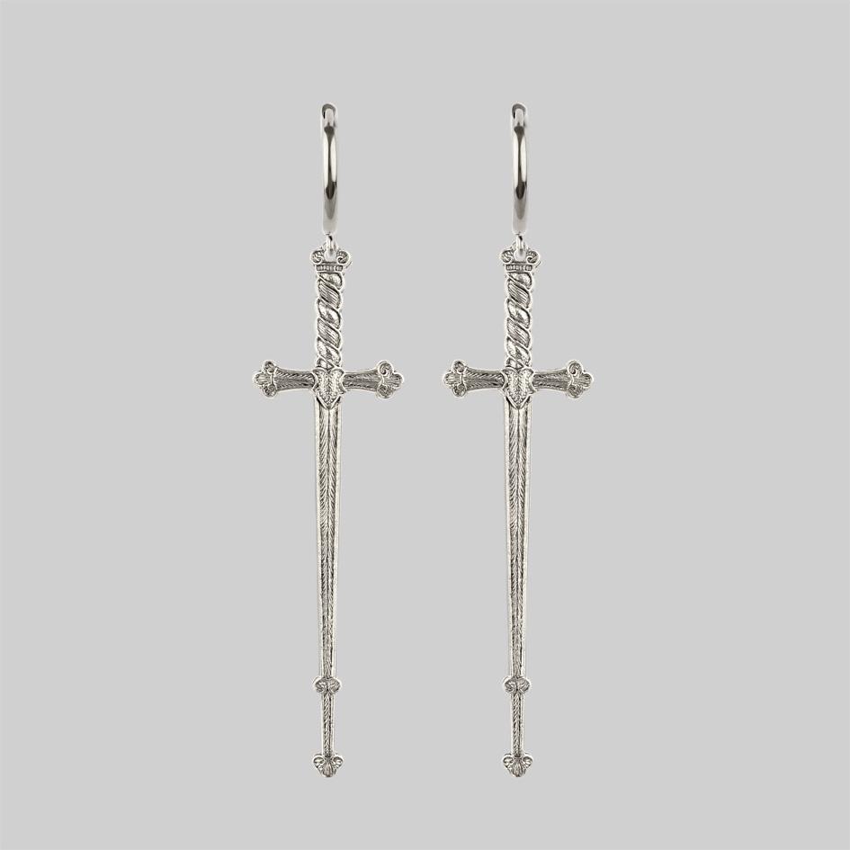 Long silver sword earrings