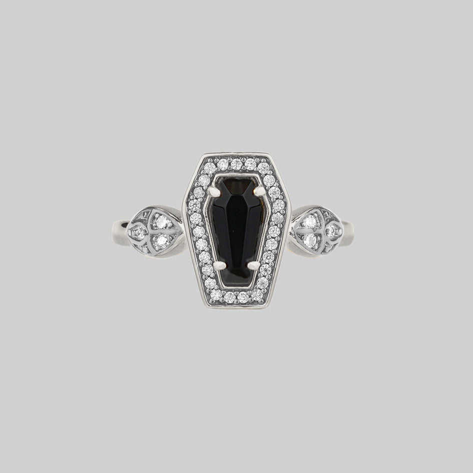 Black Onyx and Crystal Coffin Silver Ring
