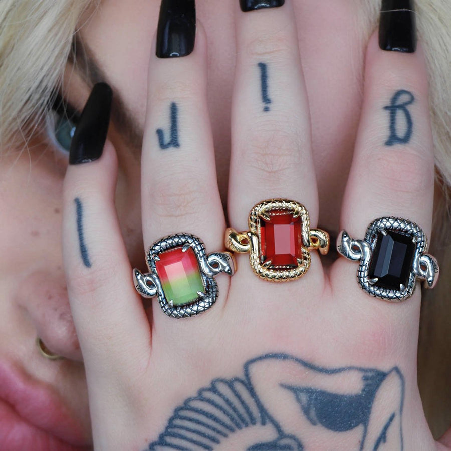 MALICE. Black Spinel Coiled Snake Cocktail Ring - Silver silver black gemstone snake ring