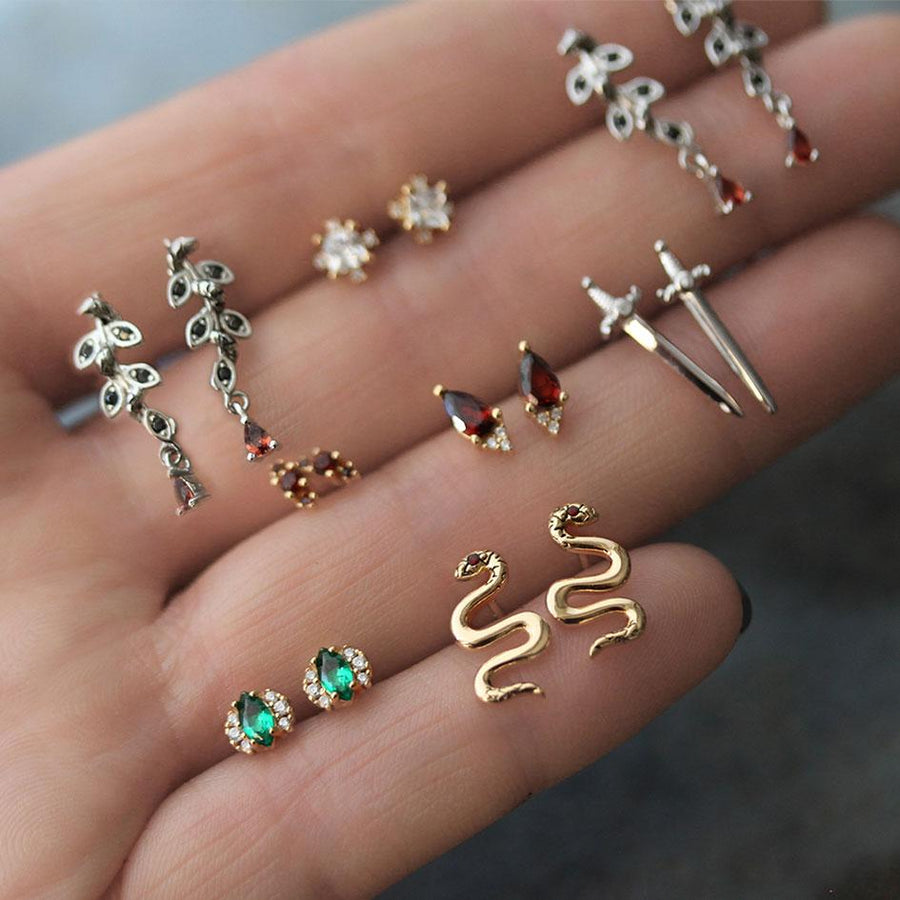 ROSEBUD. Garnet Trio Gold Stud Earrings red pierced stud eearrings