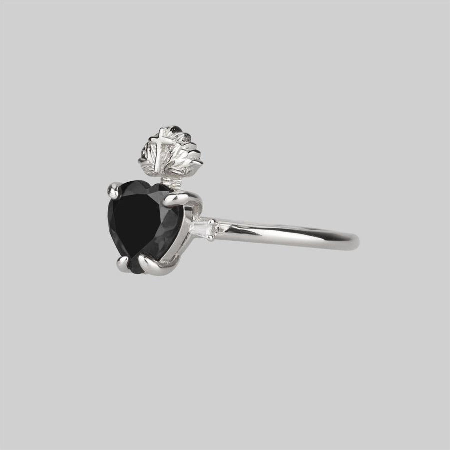 The Sacred Heart Black Spinel Ring - Silver Silver heart ring with black gemstone