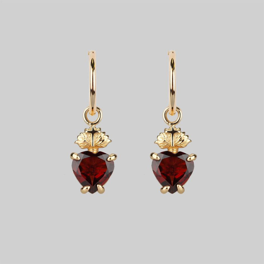 The Sacred Heart Garnet Earrings - Gold