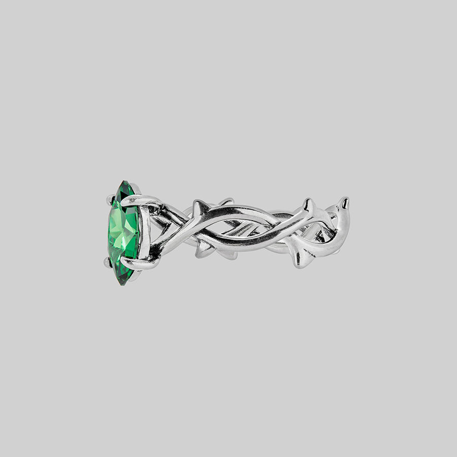 REVIVAL. Green CZ Thorn Band Ring - Silver Silver thorn gemstone ring