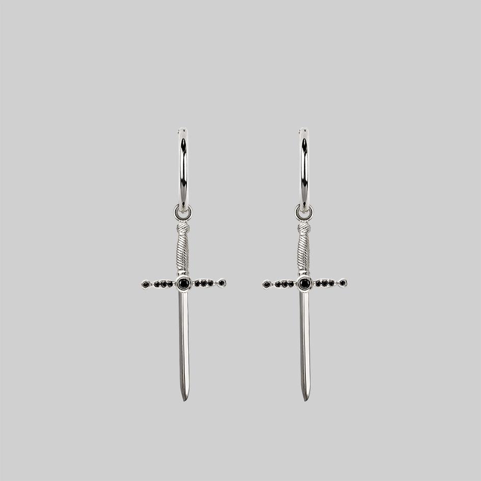 Silver-and-black-gemstone-dagger-earrings