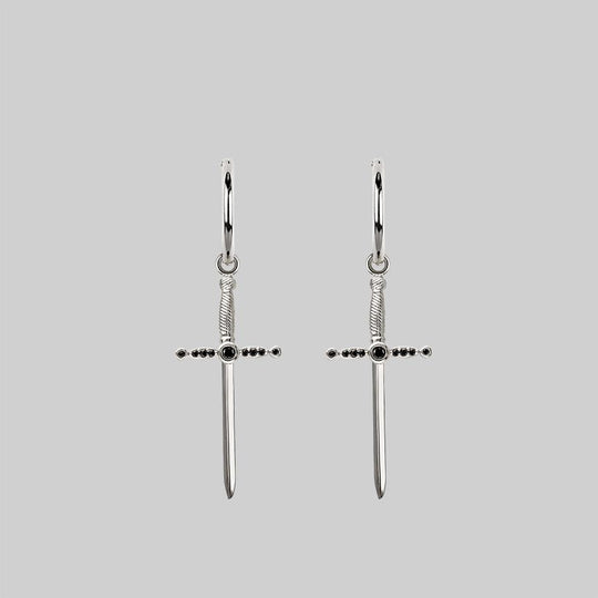 ELYSIAN. Black Spinel Dagger Hoop Earrings - Silver