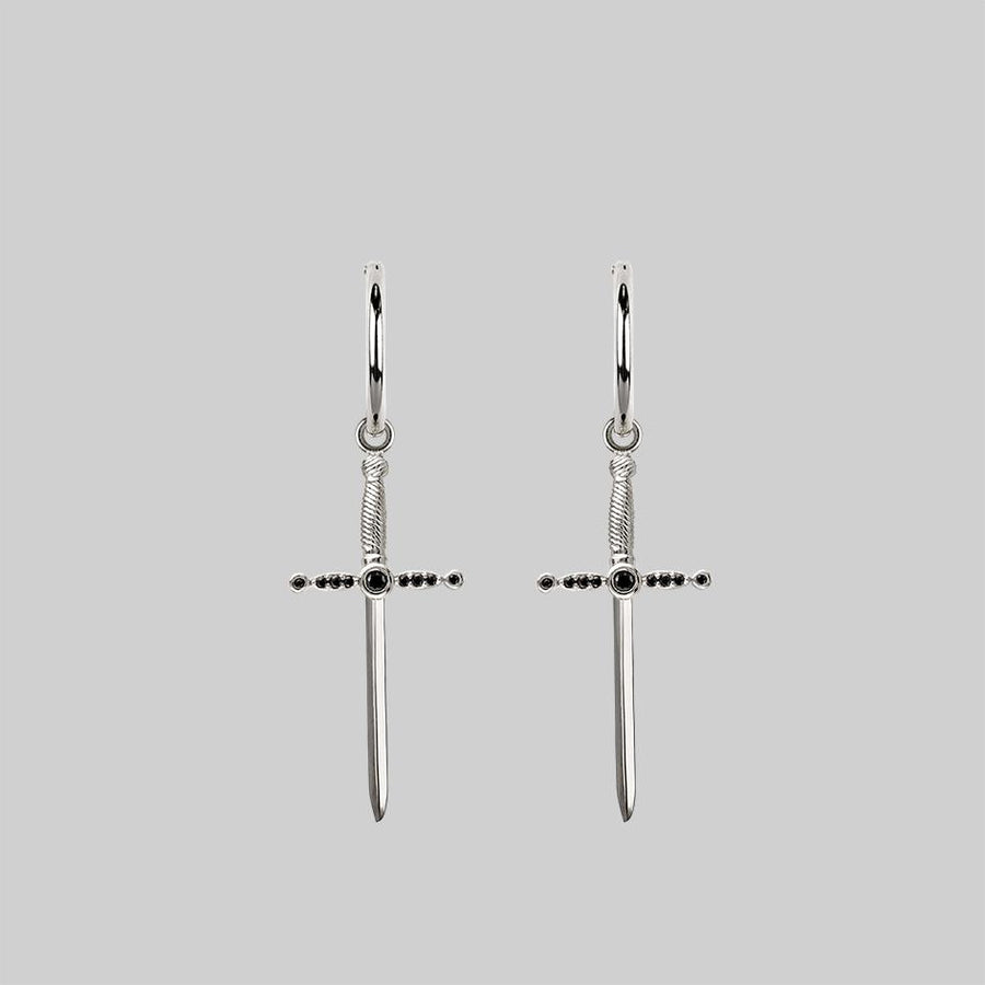 ELYSIAN. Black Spinel Dagger Hoop Earrings - Silver