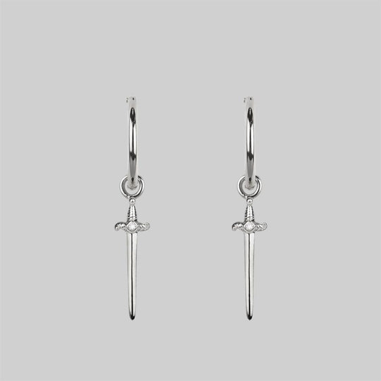 BETRAYAL. Cubic Zirconia Dagger Hoop Earrings - Silver