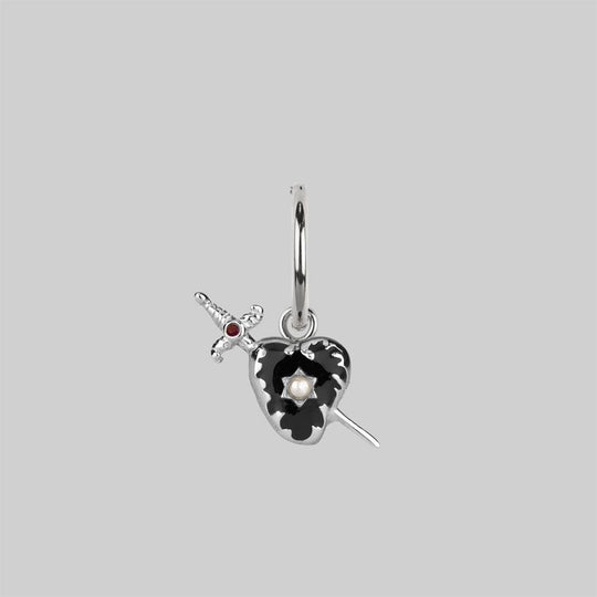 DEVOTION. Black Heart & Sword Hoop Earrings - Silver