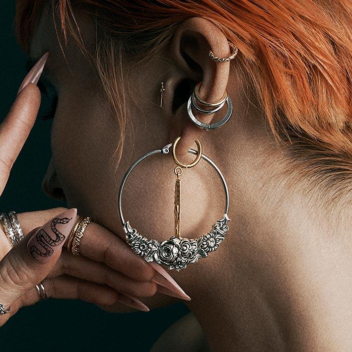 Large flower silver hoop earrings