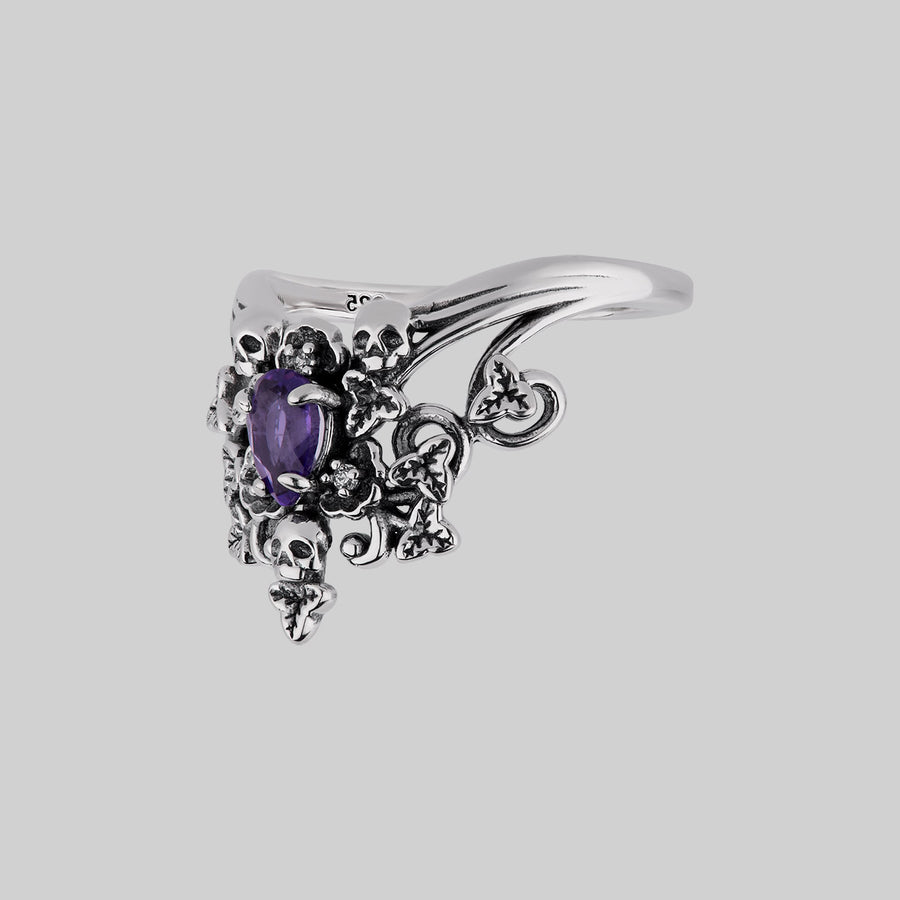 MALVOLIA. Garden of Remembrance Amethyst Ring - Silver Skull and ivy leaves gothic ring