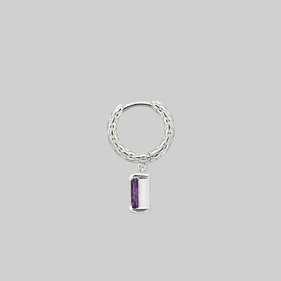 NYMPH. Dangly Amethyst Rectangle Hoop Earrings - Silver amethyst gemstone charm earring silver
