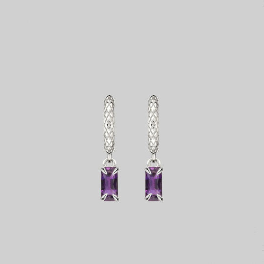 NYMPH. Dangly Amethyst Rectangle Hoop Earrings - Silver