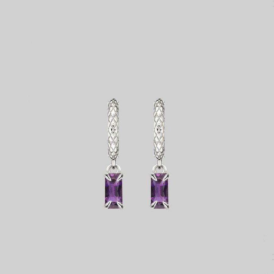 NYMPH. Dangly Amethyst Rectangle Hoop Earrings - Silver