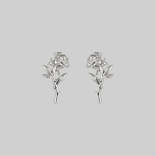 AMOR. Rose Stem Stud Earrings - Silver