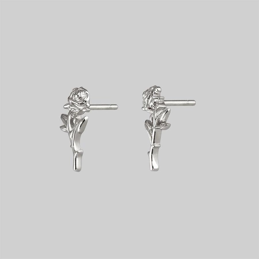 AMOR. Rose Stem Stud Earrings - Silver single rose stud earrings, silver lobe earrings