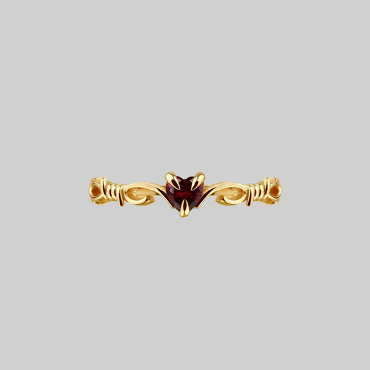 FATAL. Barbed Wire & Garnet Heart Ring - Gold