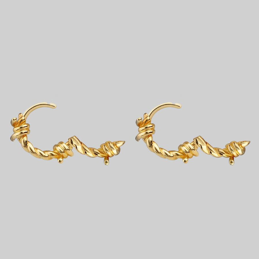 SURVIVAL. Symbolic Barbed Wire Clicker Hoop Earrings - Gold barbed wire hoop earrings gold