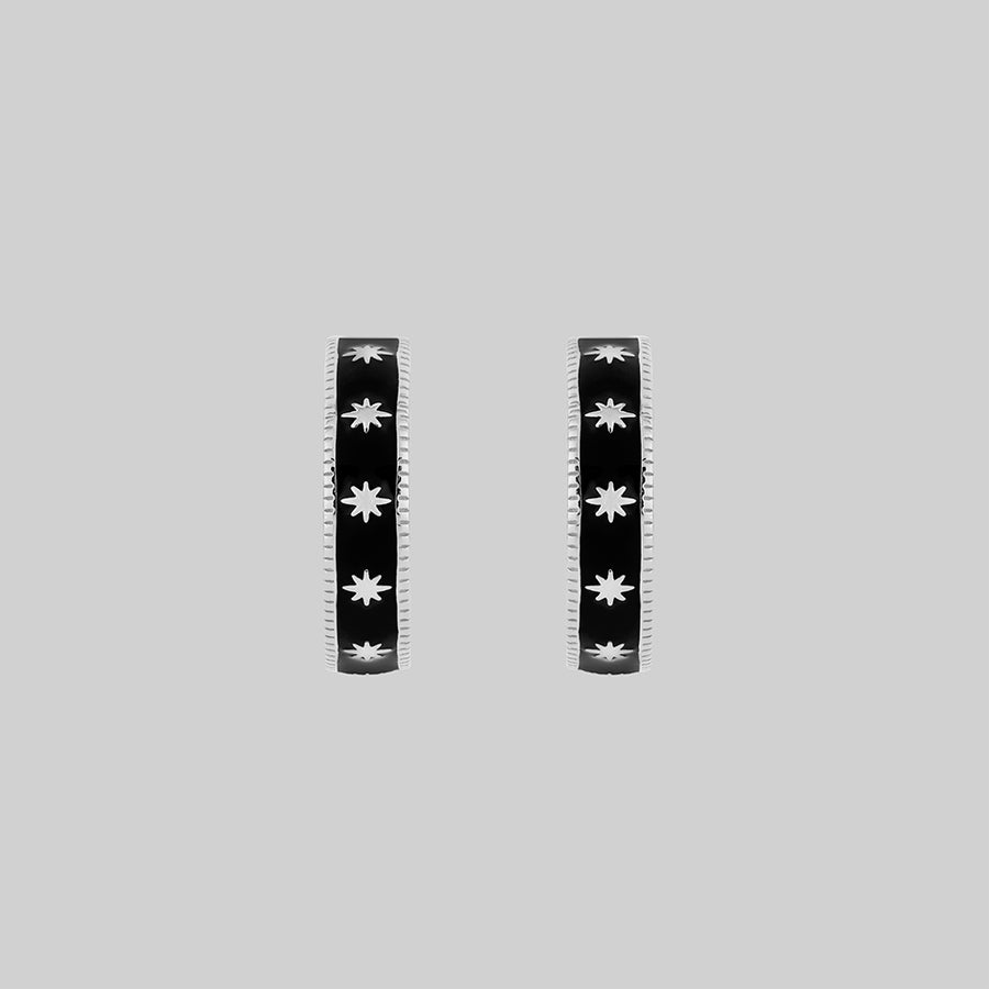 VYVIAN. Tiny Stars Black Enamel Hoop Earrings - Silver