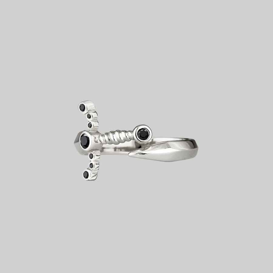 MAJESTY. Black Spinel Dagger Wrap Ring - Silver black spinel gemstone dagger ring