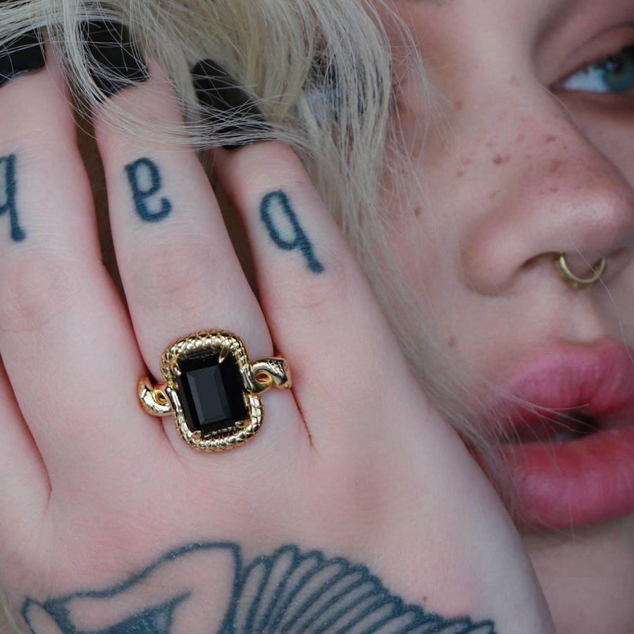 MALICE. Black Spinel Coiled Snake Cocktail Ring - Gold gold black gemstone snake ring