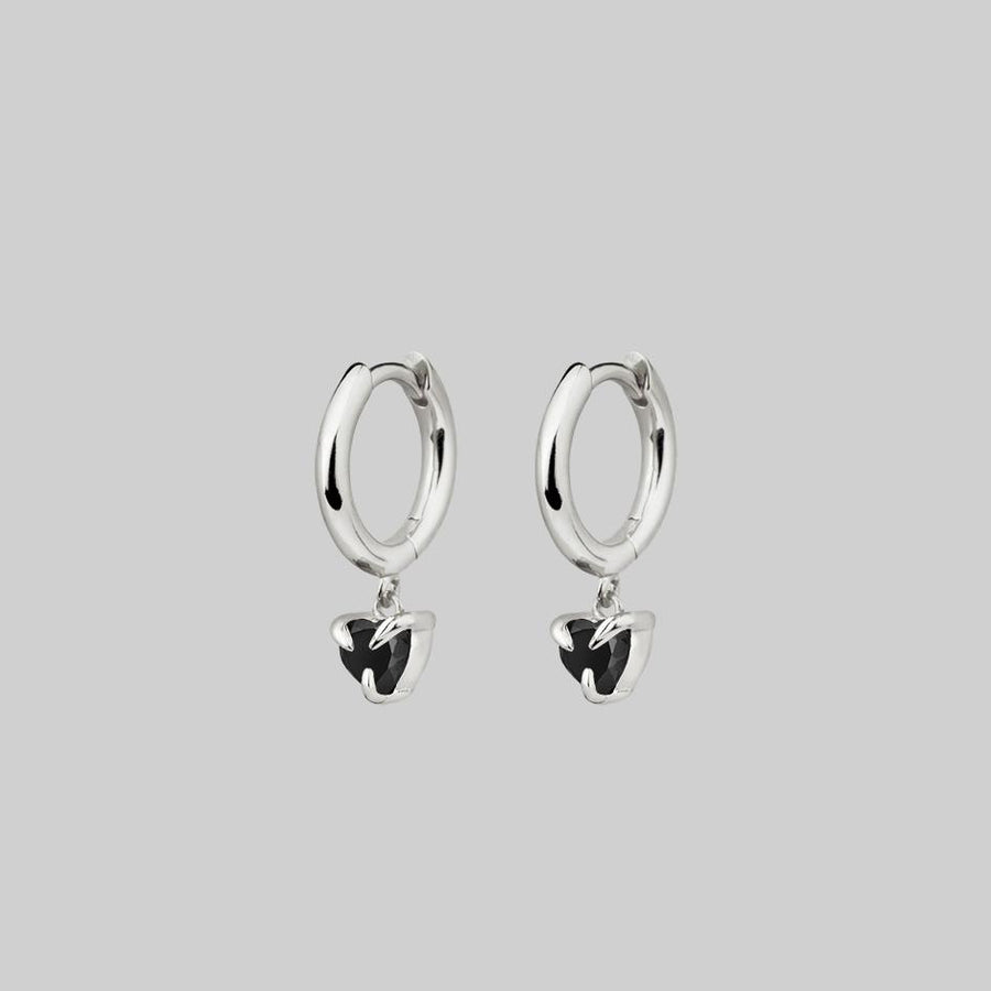 HEART & SOUL. Black Spinel Dangly Heart Hoop Earrings - Silver silver love heart hoop earrings