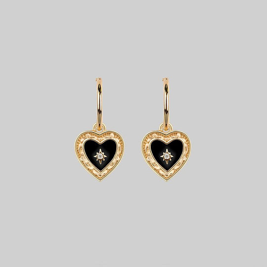 SOLEMN. Black Enamel Heart Hoop Earrings - Gold