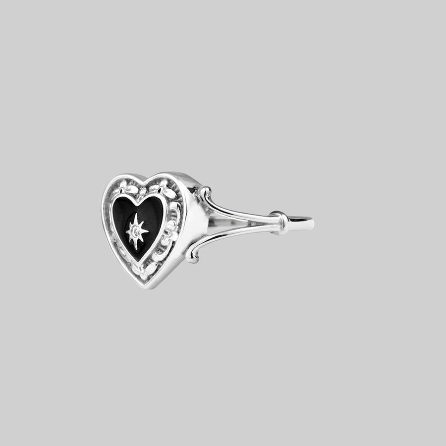 SOLEMN. Black Enamel Heart Ring - Silver sterling silver detailed heart ring