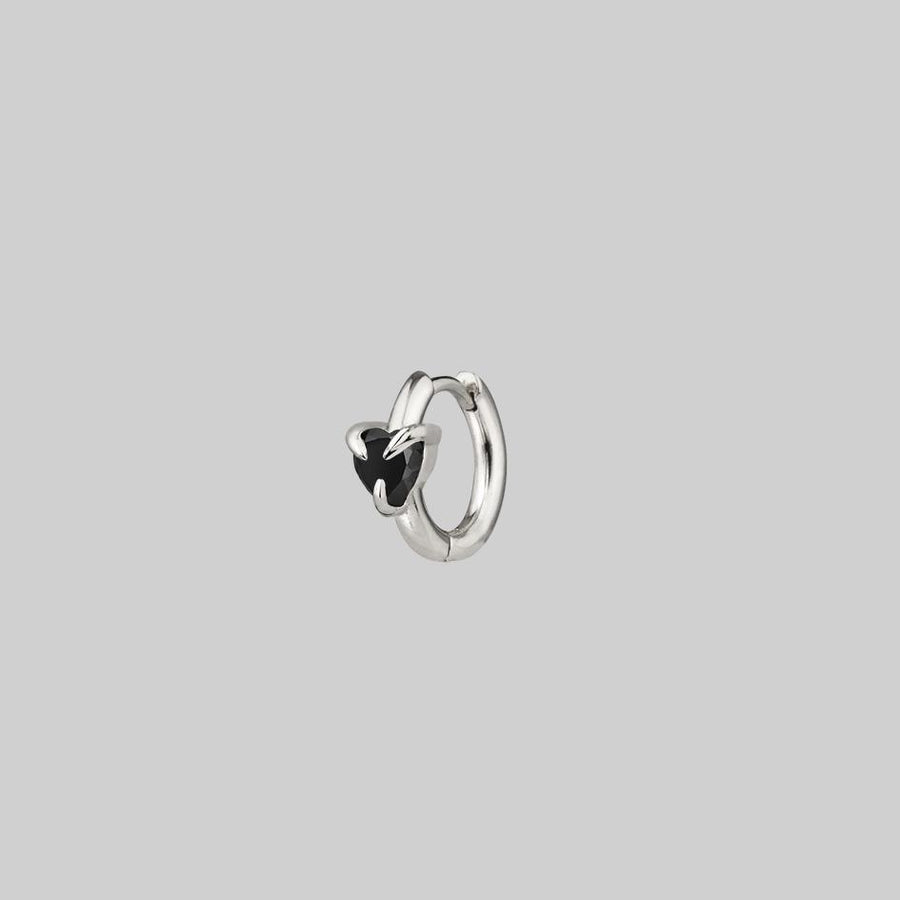 HEART & SOUL. Black Spinel Heart Hoop Earrings - Silver gothic black heart single earring