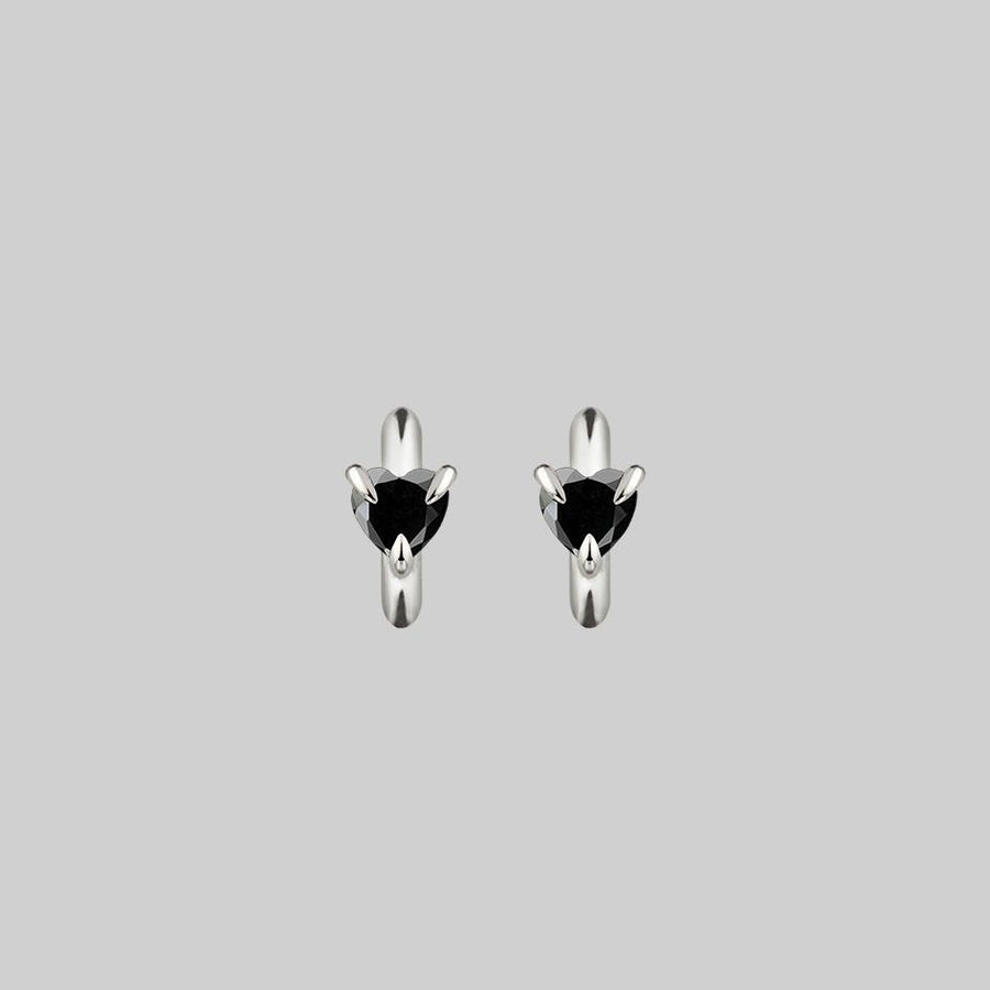 HEART & SOUL. Black Spinel Heart Hoop Earrings - Silver