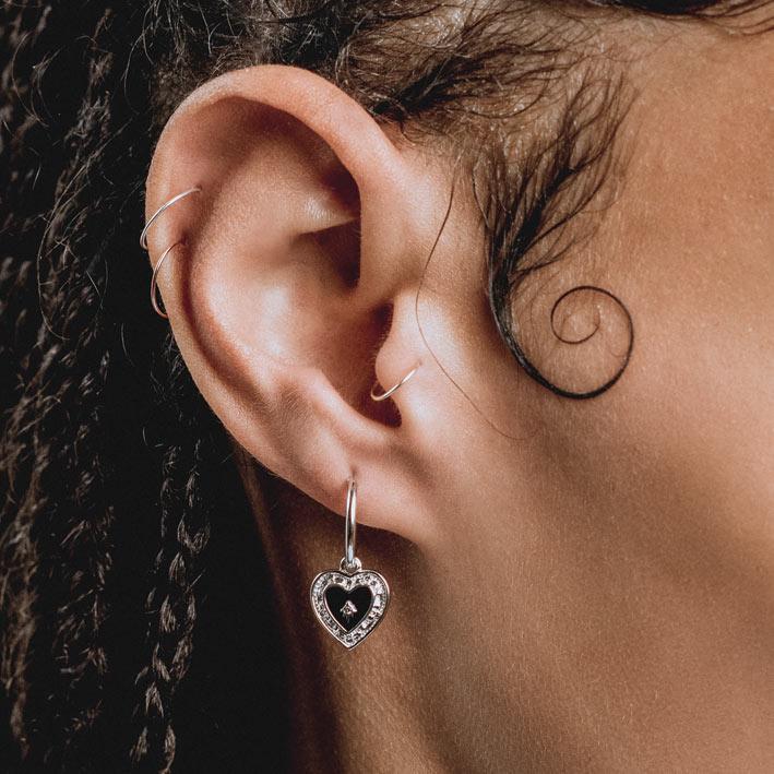 SOLEMN. Black Enamel Heart Hoop Earrings - Silver