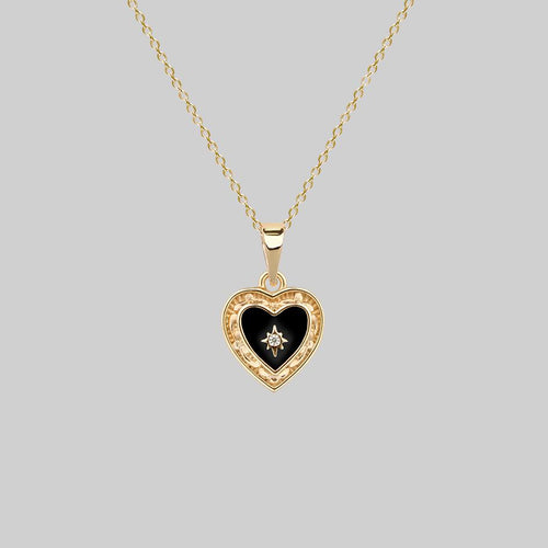 NEW DAWN. Butterfly Engraved Glass Heart Necklace - Gold