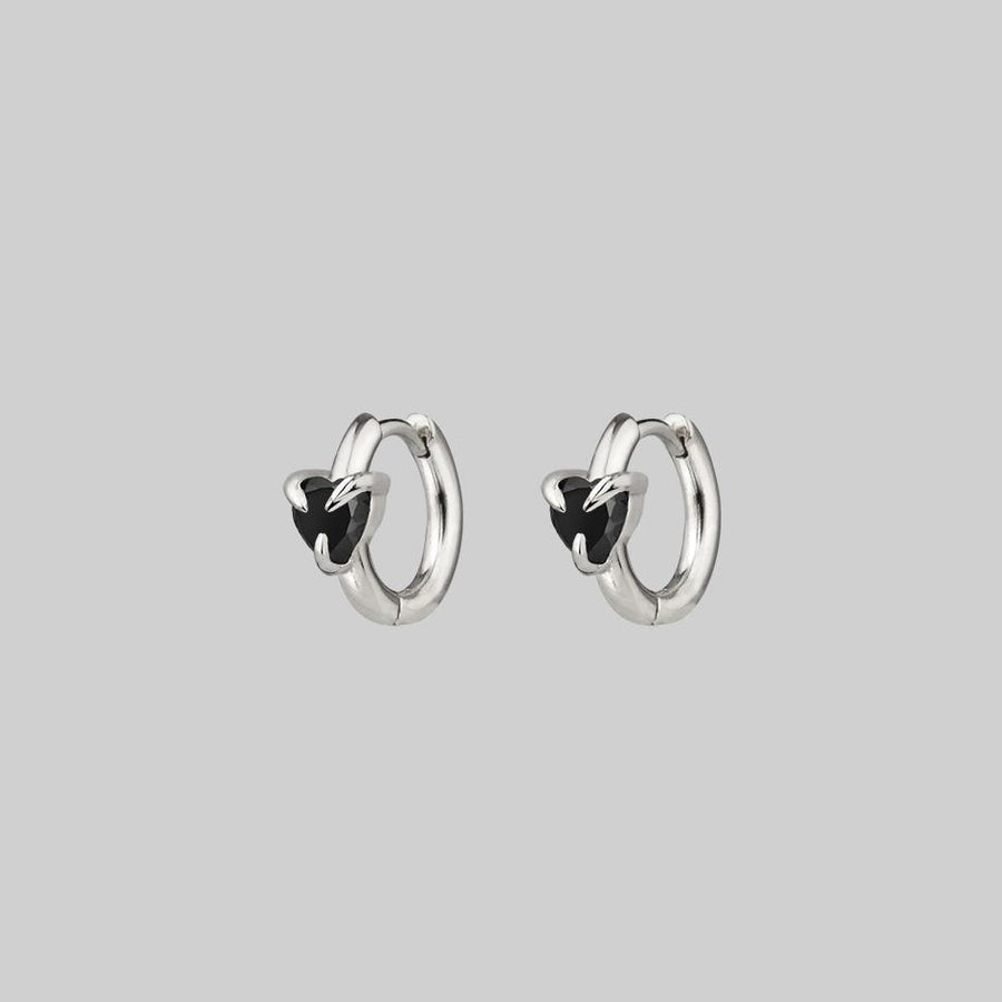 HEART & SOUL. Black Spinel Heart Hoop Earrings - Silver silver love heart hoop earrings