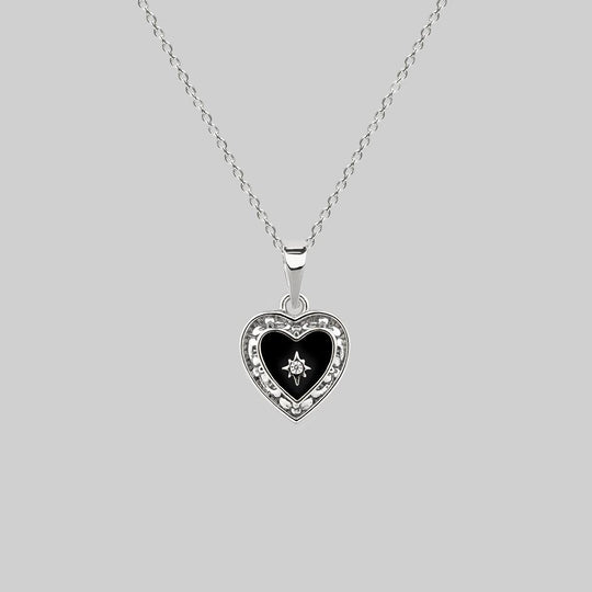 SOLEMN. Black Enamel Heart Necklace - Silver
