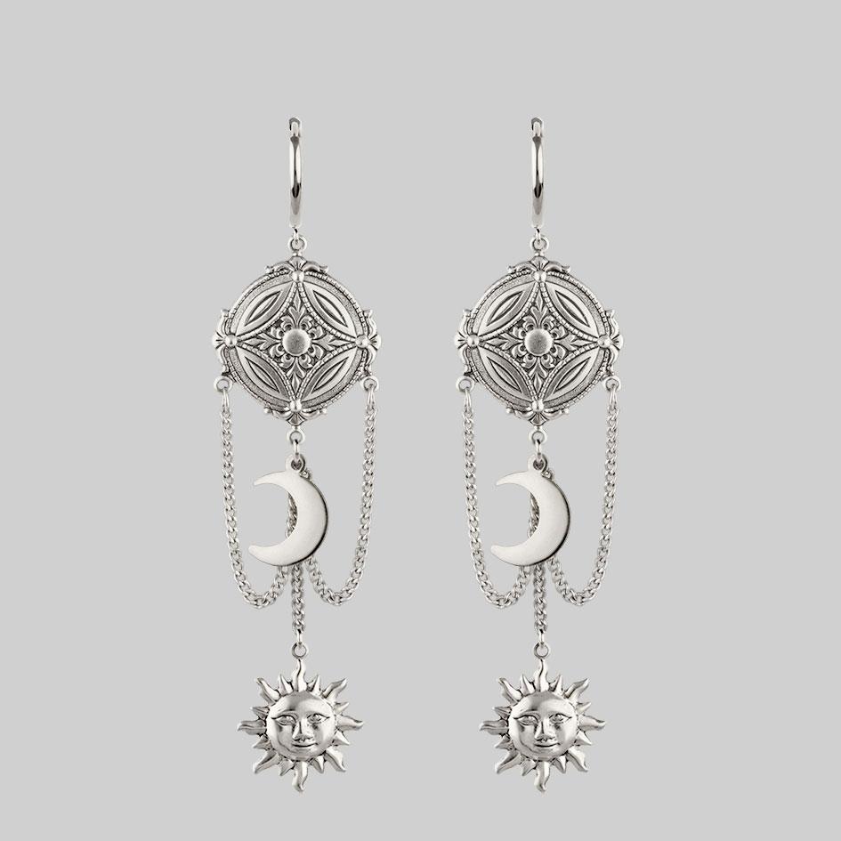 silver sun and moon detail earrings, hanging earrings