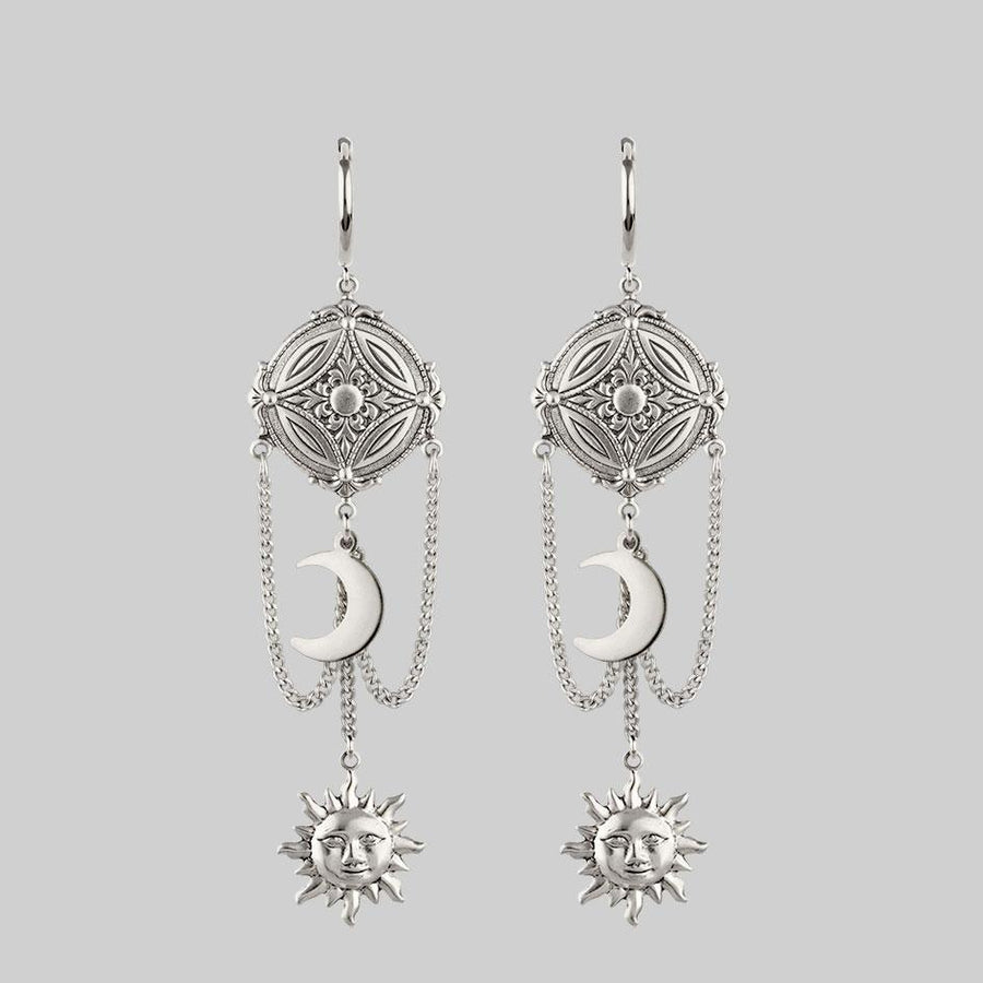 silver sun and moon detail earrings, hanging earrings