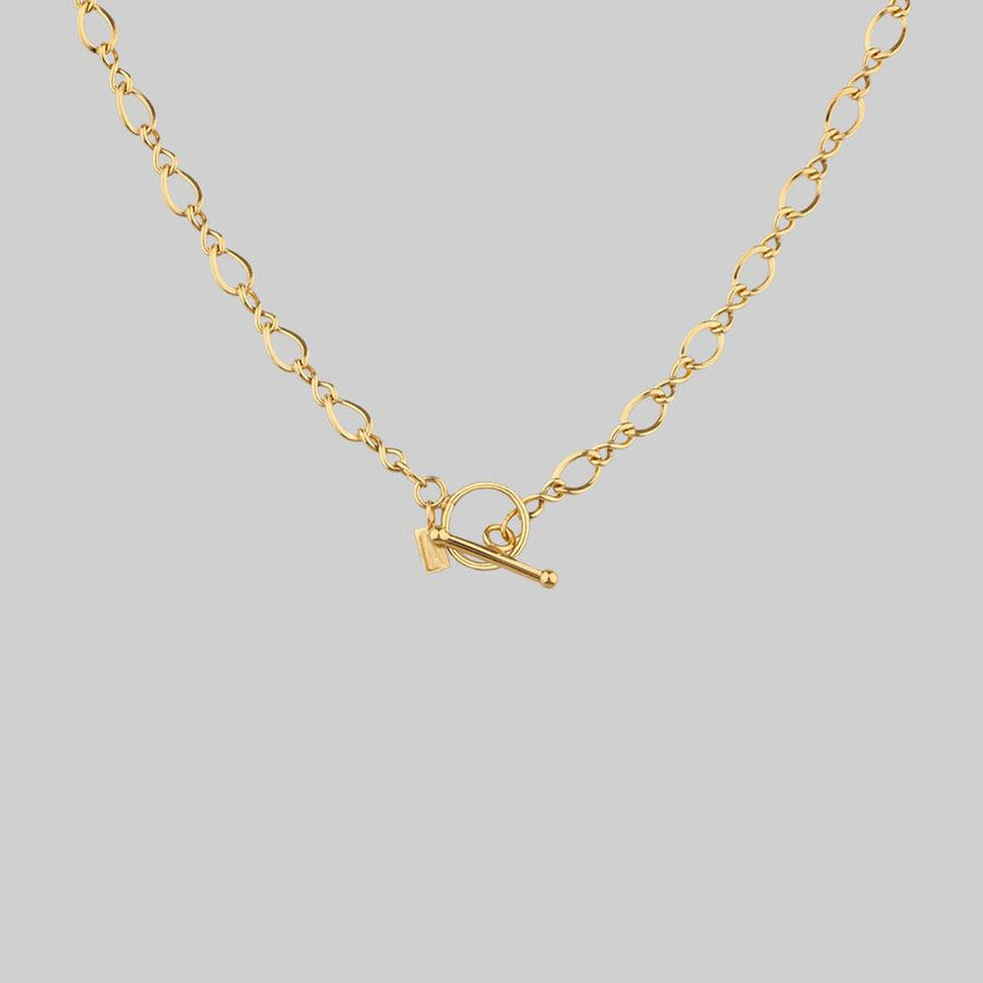 gold infinity chain necklace with t-bar clasp