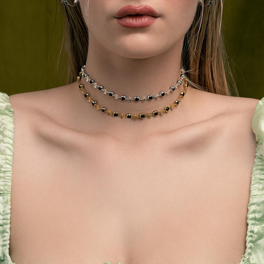 LISBET. Cross & Black Glass  Choker - Gold delicate bead choker