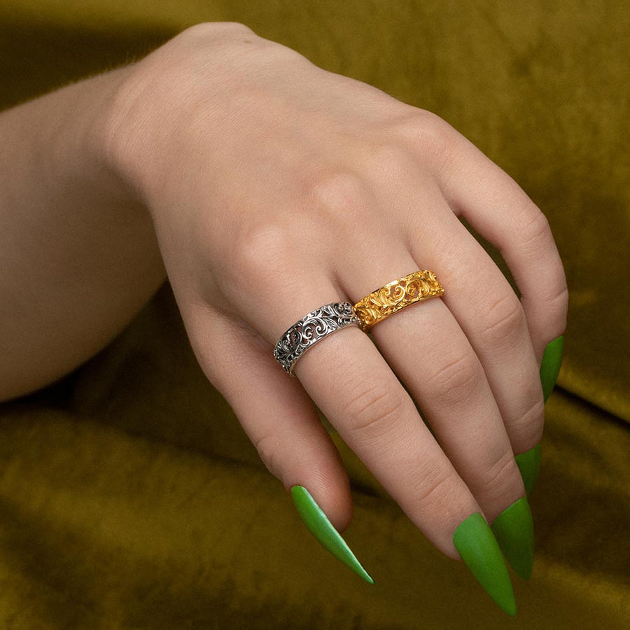 RULE. Ornate Flourish Band Ring - Silver detailed pattern ring