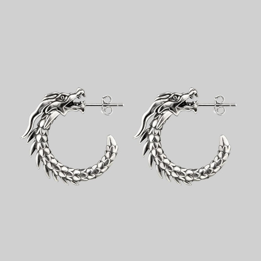 DRAKE. Dragon Hoop Earrings - Silver sterling silver dragon head hoops
