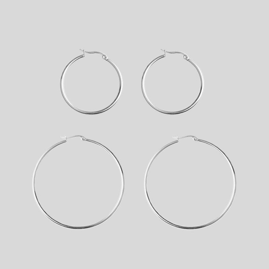 Earrings - Silver Hoop Earrings - Set Of 2