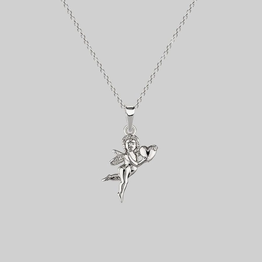 Cupid & Psyche Lovers Layering Necklace - Silver silver cherub necklace with heart