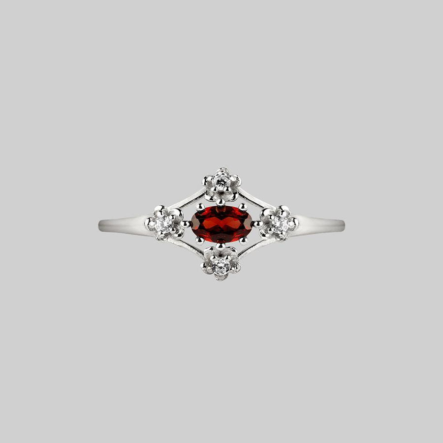 MARTHA. Ornate Garnet Floral Ring - Silver