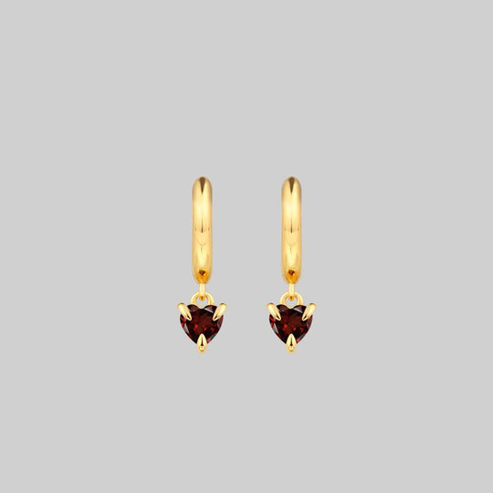 HEART & SOUL. Garnet Dangly Heart Hoop Earrings - Gold