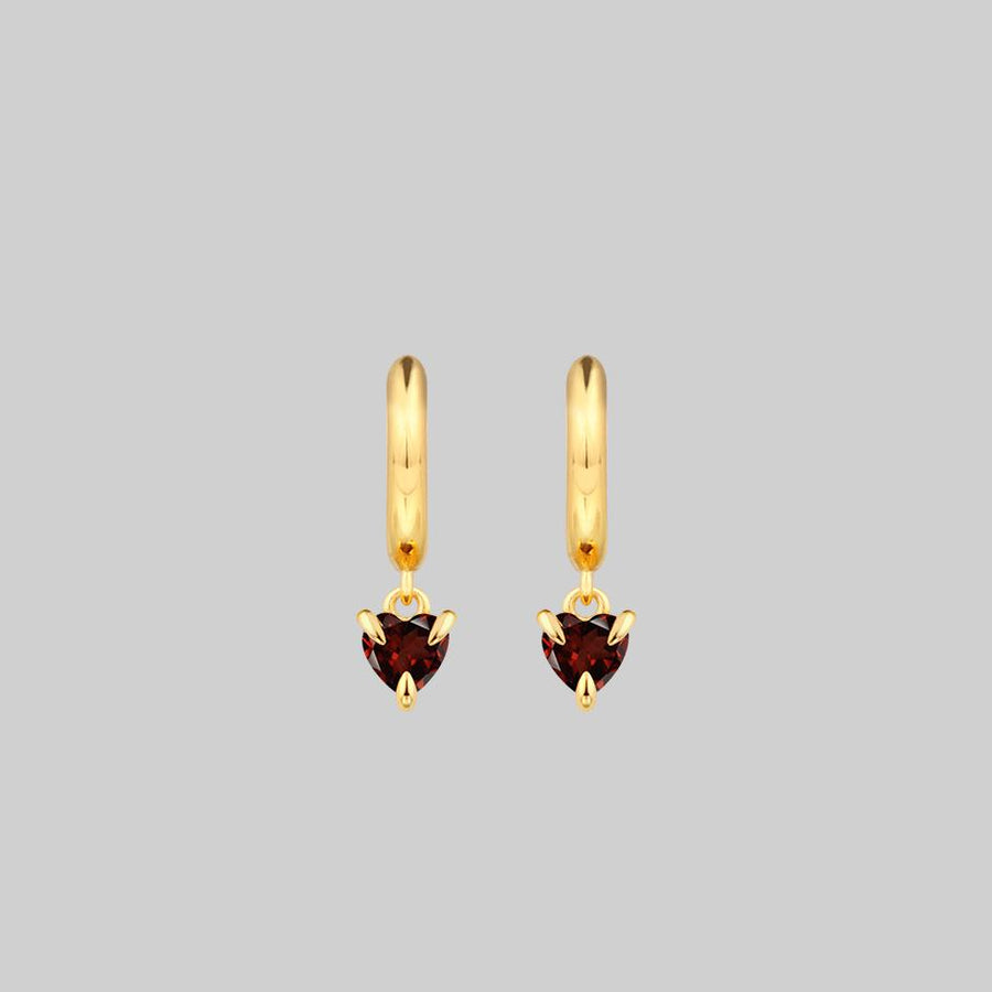 HEART & SOUL. Garnet Dangly Heart Hoop Earrings - Gold