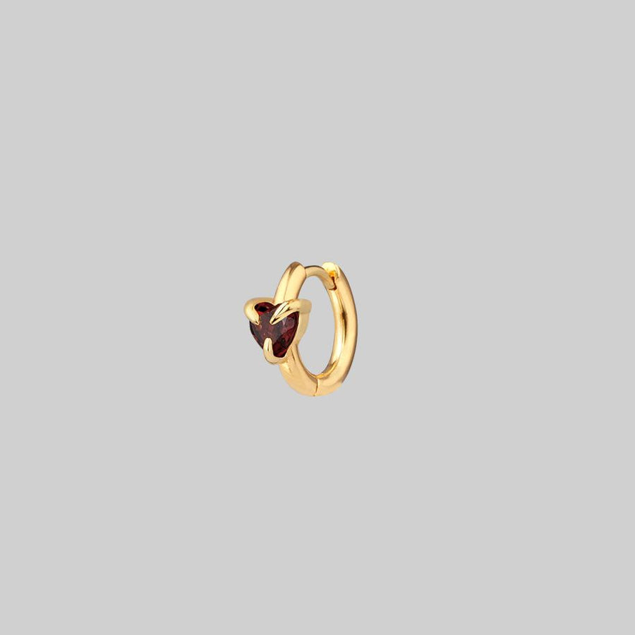 HEART & SOUL. Garnet Heart Hoop Earrings - Gold gold hoop earring with garnet heart