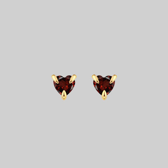 HEART & SOUL. Garnet Heart Stud Earrings - Gold