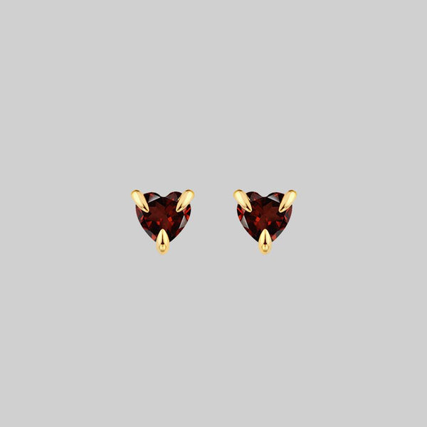 HEART & SOUL. Garnet Heart Stud Earrings - Gold