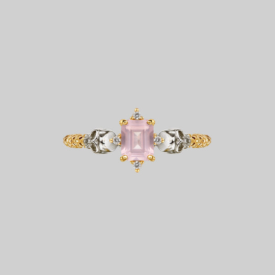 STAR CROSSED LOVERS. Rose Quartz & Skulls Ring - Gold