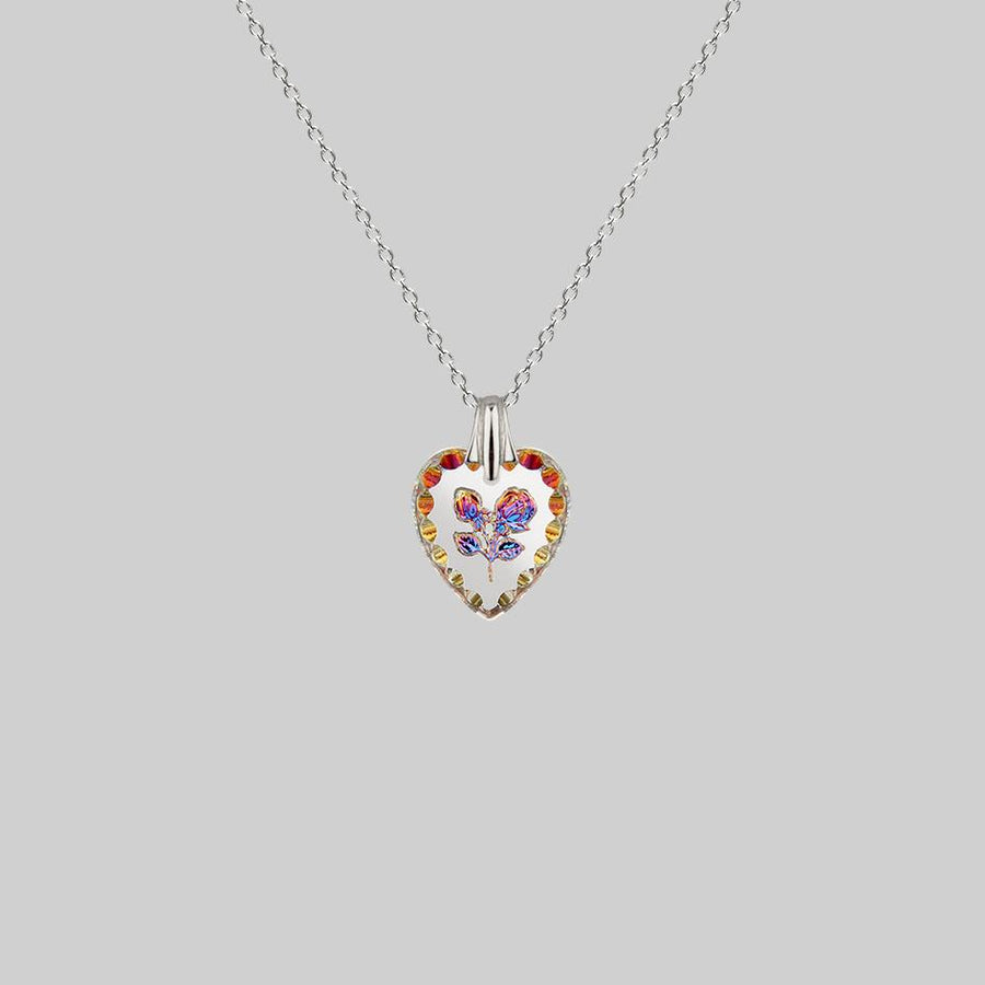 glass iridescent flower heart necklace silver