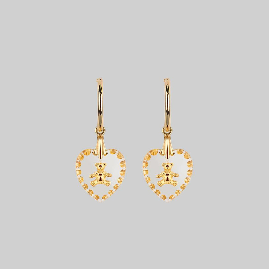 MABEL. Teddy Bear Engraved Glass Heart Earrings - Gold
